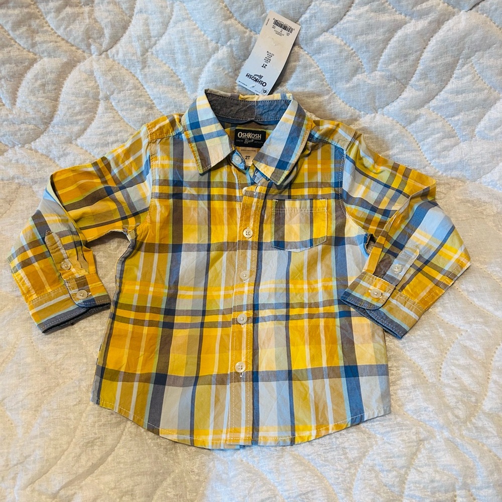 OshKosh B'gosh Kids Blue and Yellow Plaid Shirt, Long Sleeve.Size 2T.